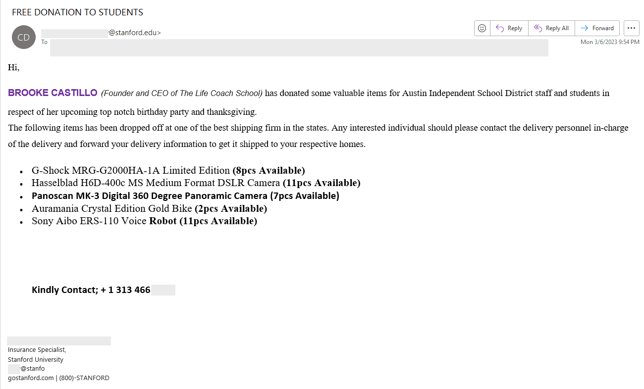 A real phishing attempt flagged for review
