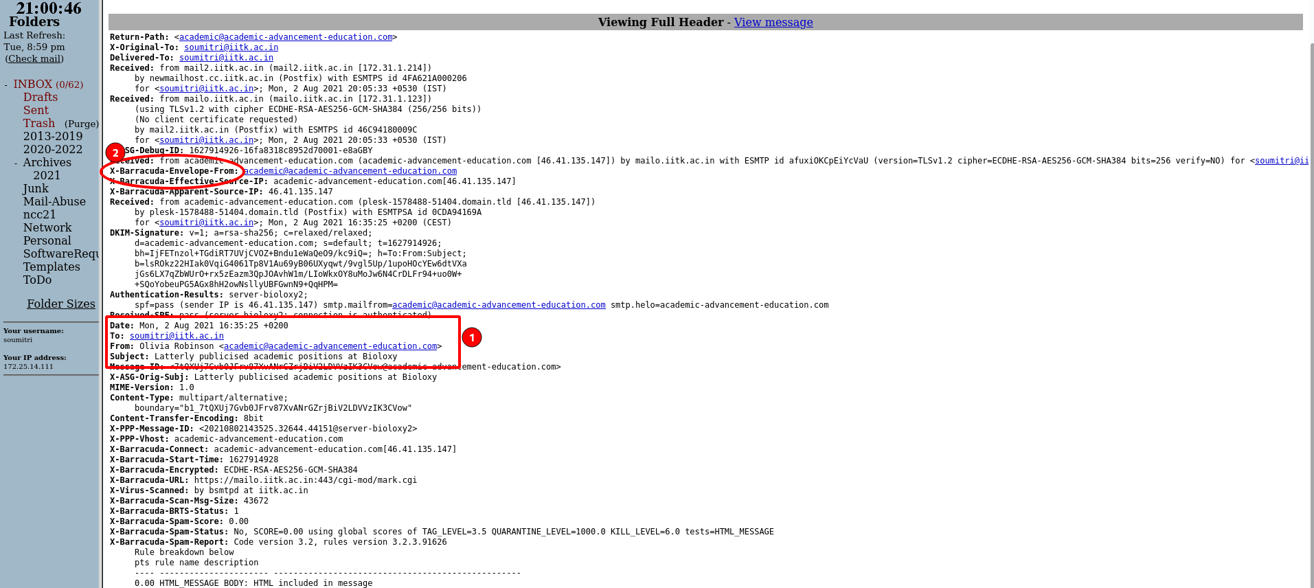 Raw email header fields including From, To, Date, and Message-ID as defined by RFC 5322