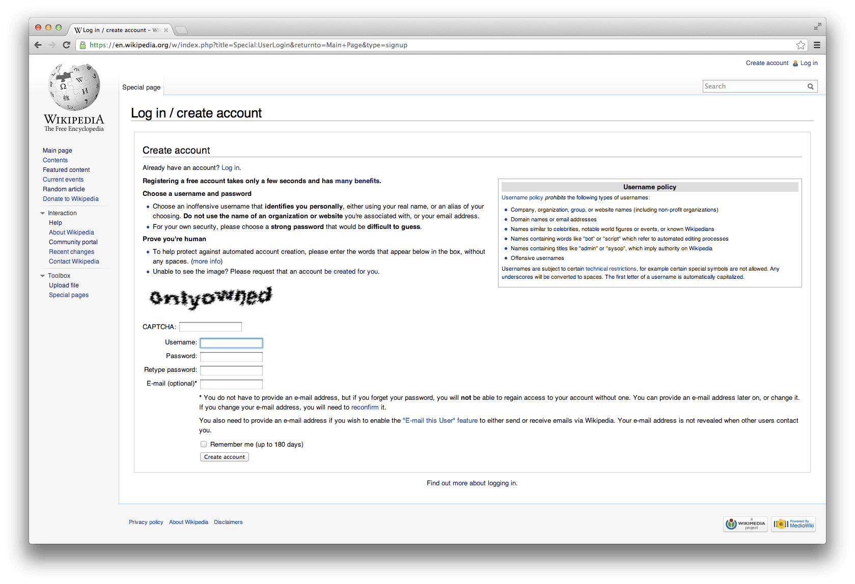 Account registration form with username, password, email address fields and a CAPTCHA challenge