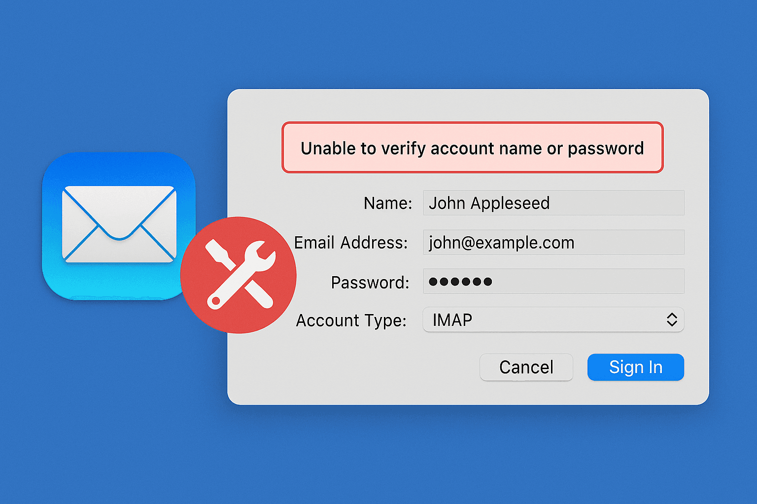 Error dialog stating the account name or password could not be verified