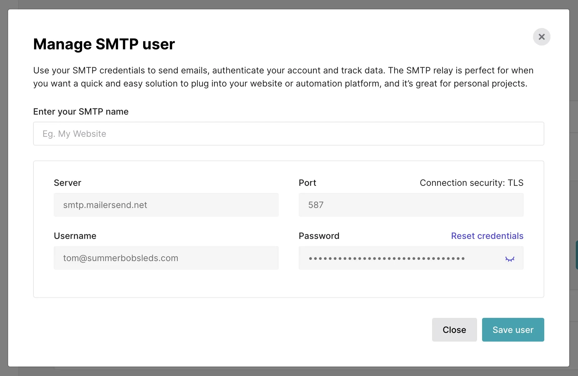 SMTP username and password fields in an outgoing server settings panel
