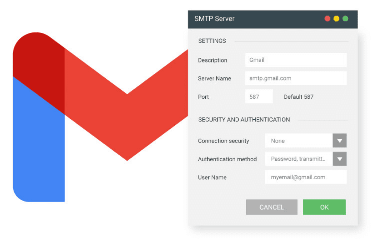 Outgoing mail server configuration screen showing port and encryption fields