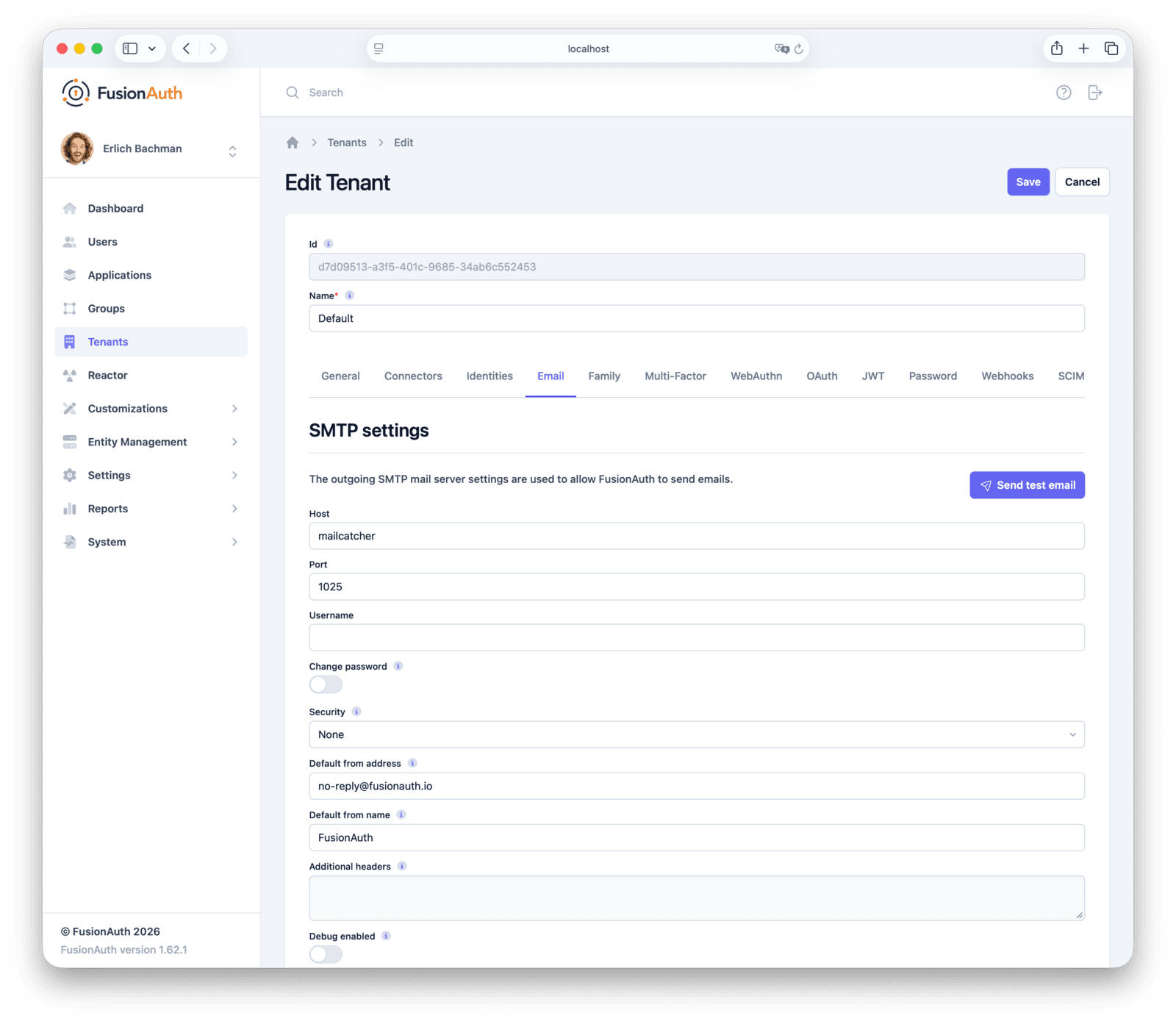 SMTP server configuration settings screen