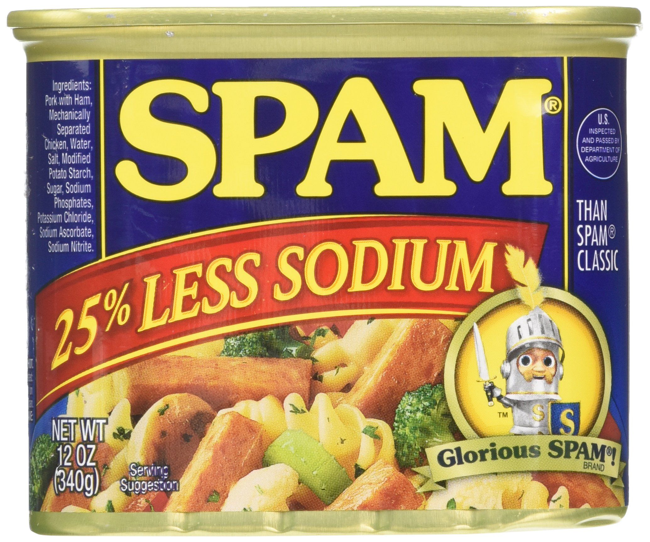 A blue and yellow can of Hormel SPAM classic canned meat, the product the word spam comes from