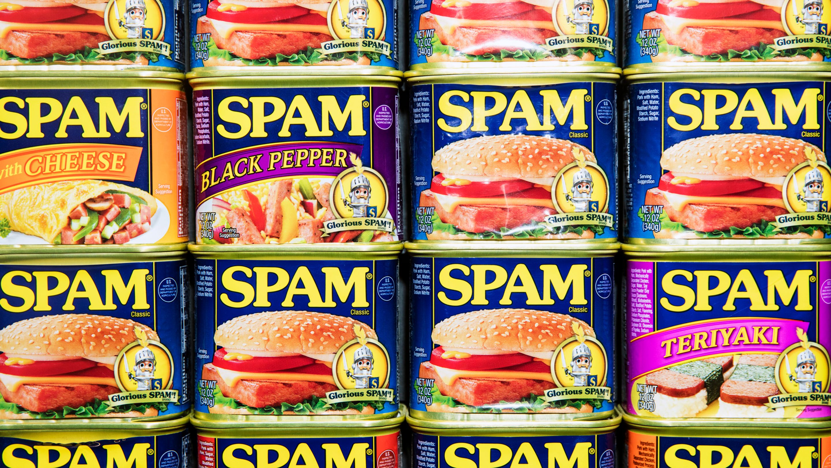 Cans of Hormel SPAM canned meat, the product referenced in the Monty Python sketch