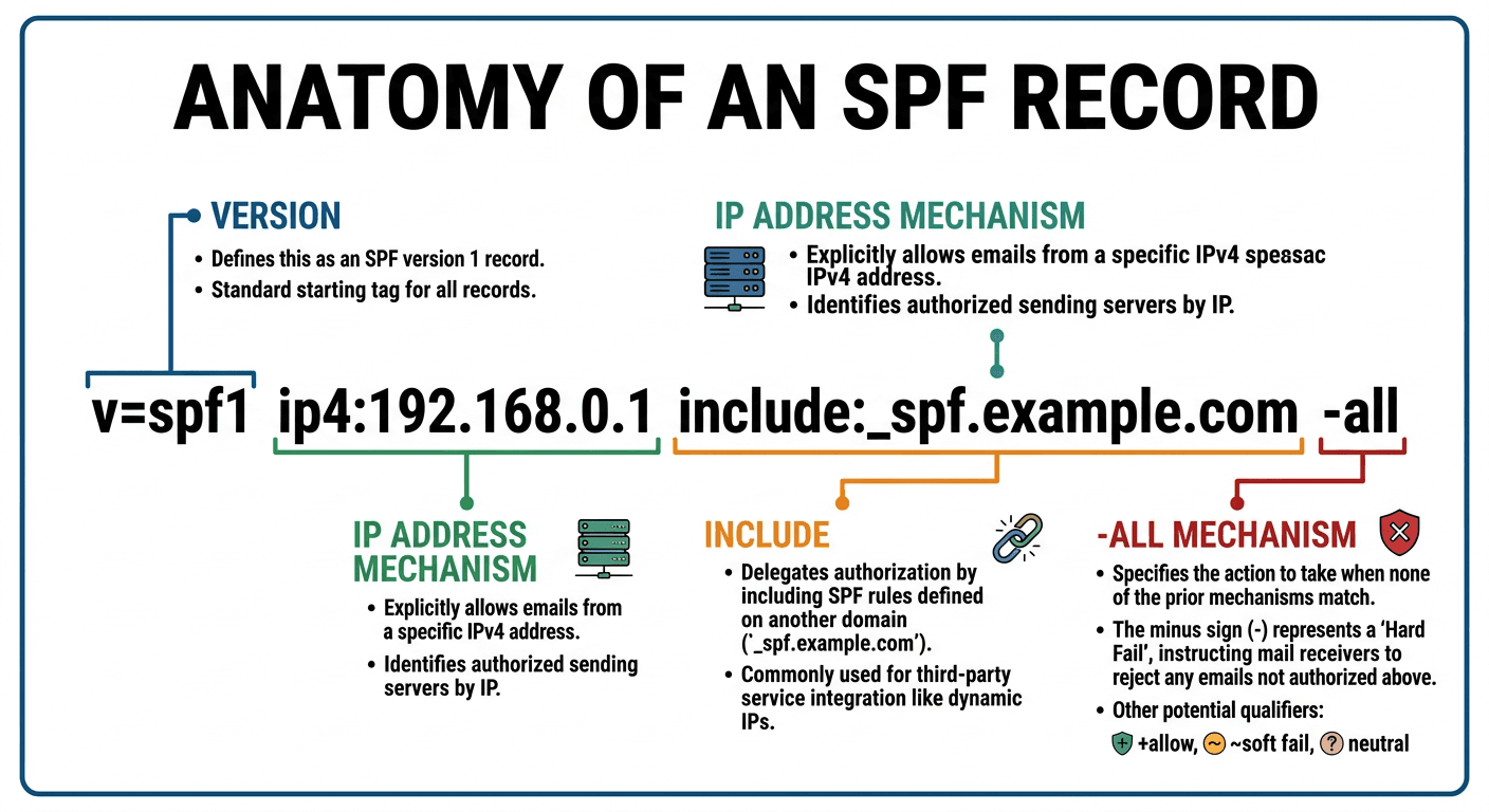 Diagram showing the anatomy of an SPF record and its mechanisms