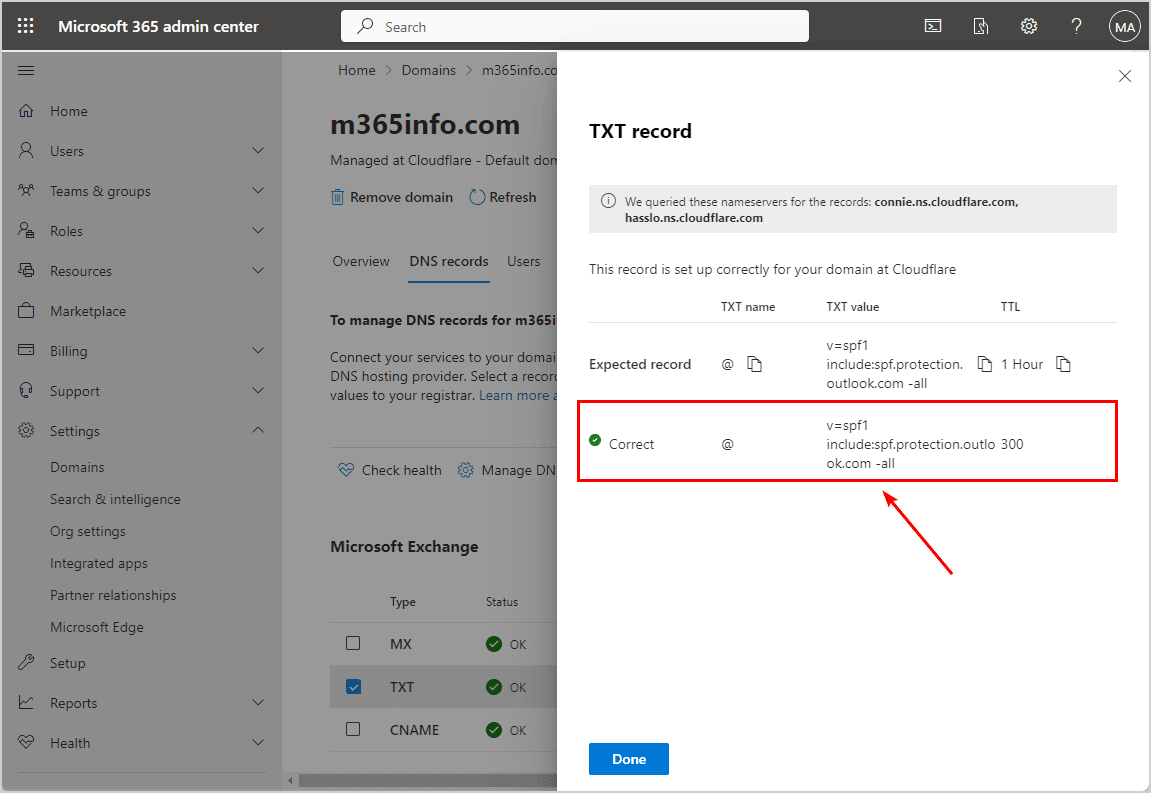 A configured SPF TXT record example entered in a DNS zone editor