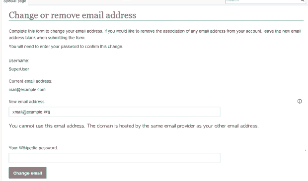 Account settings form rejecting a new email address with a red error message