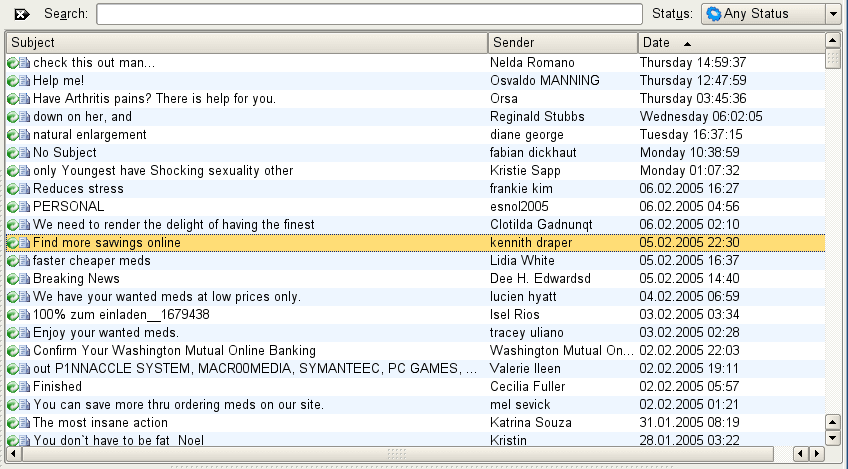 Mail folder filled with spam messages from unknown senders