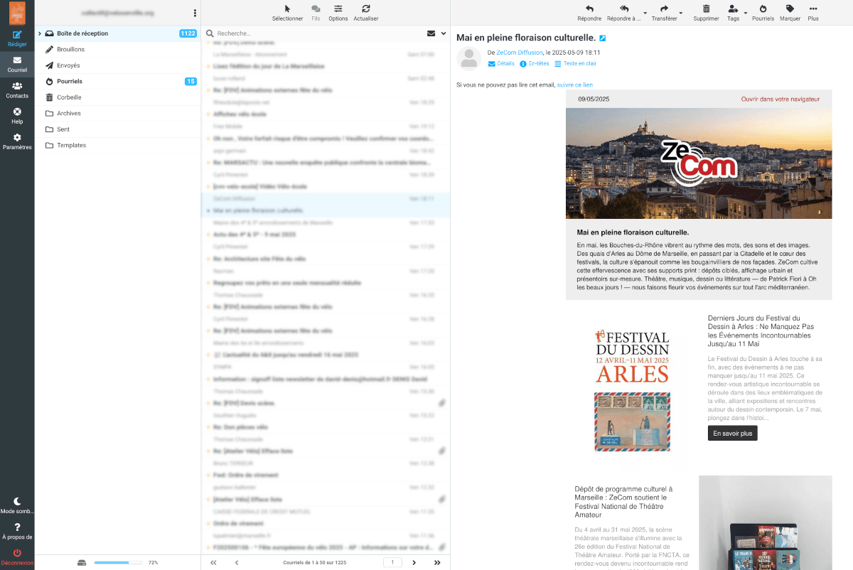 Roundcube webmail inbox with a newsletter message open in the reading pane