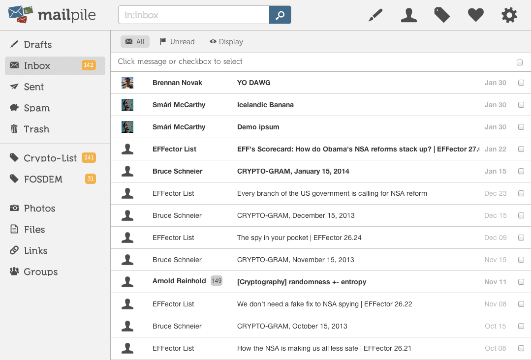 Temporary email inbox listing received messages with sender names, subjects and dates