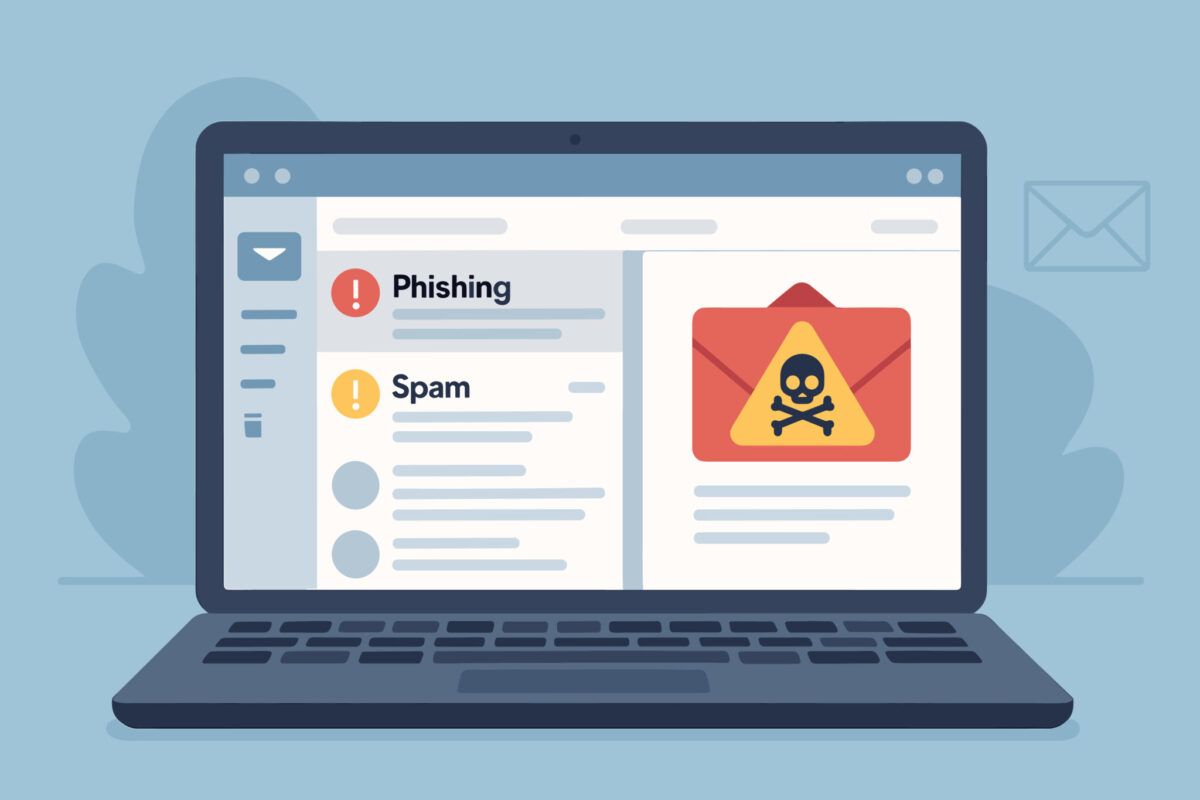 Hands typing on a laptop with an email security warning overlay