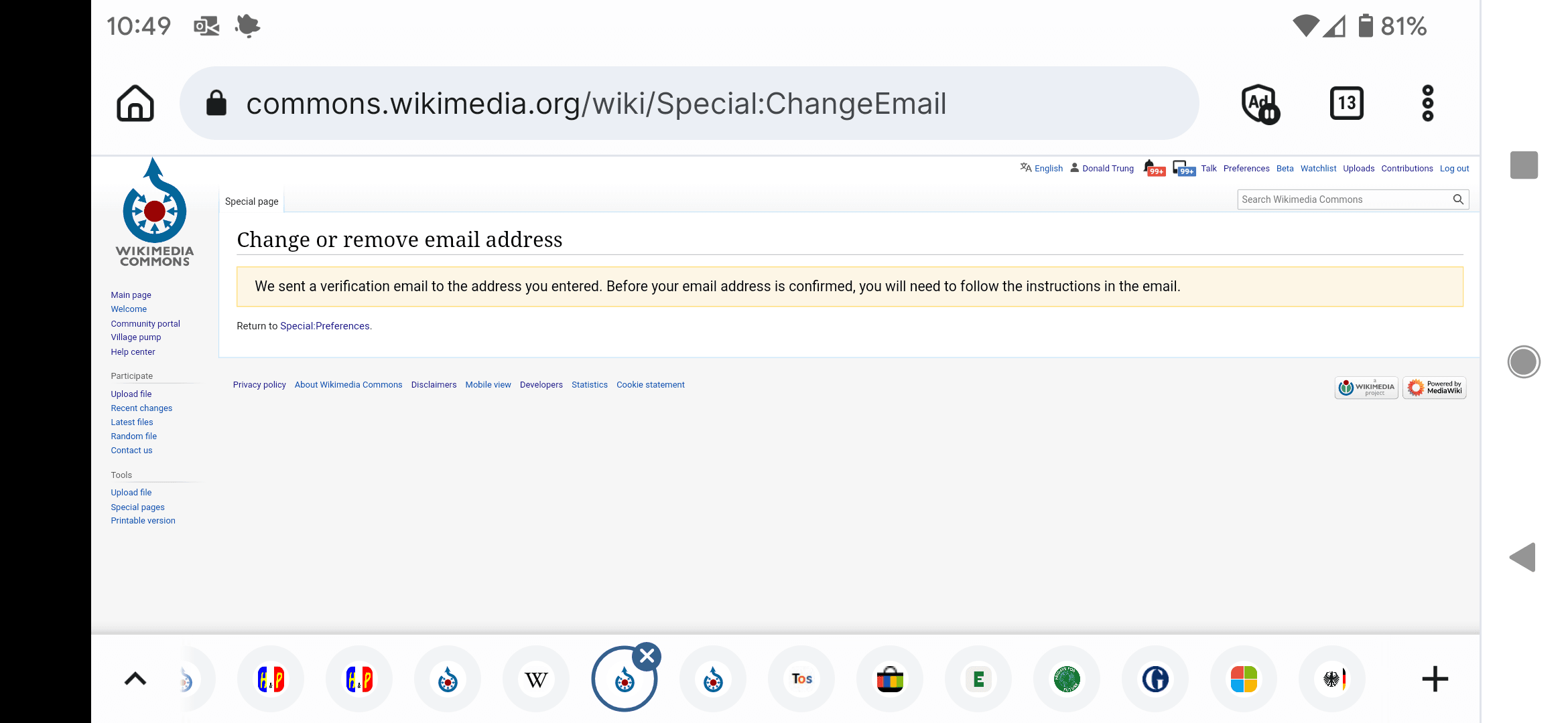 Website notice confirming a verification email was sent to the address the user entered
