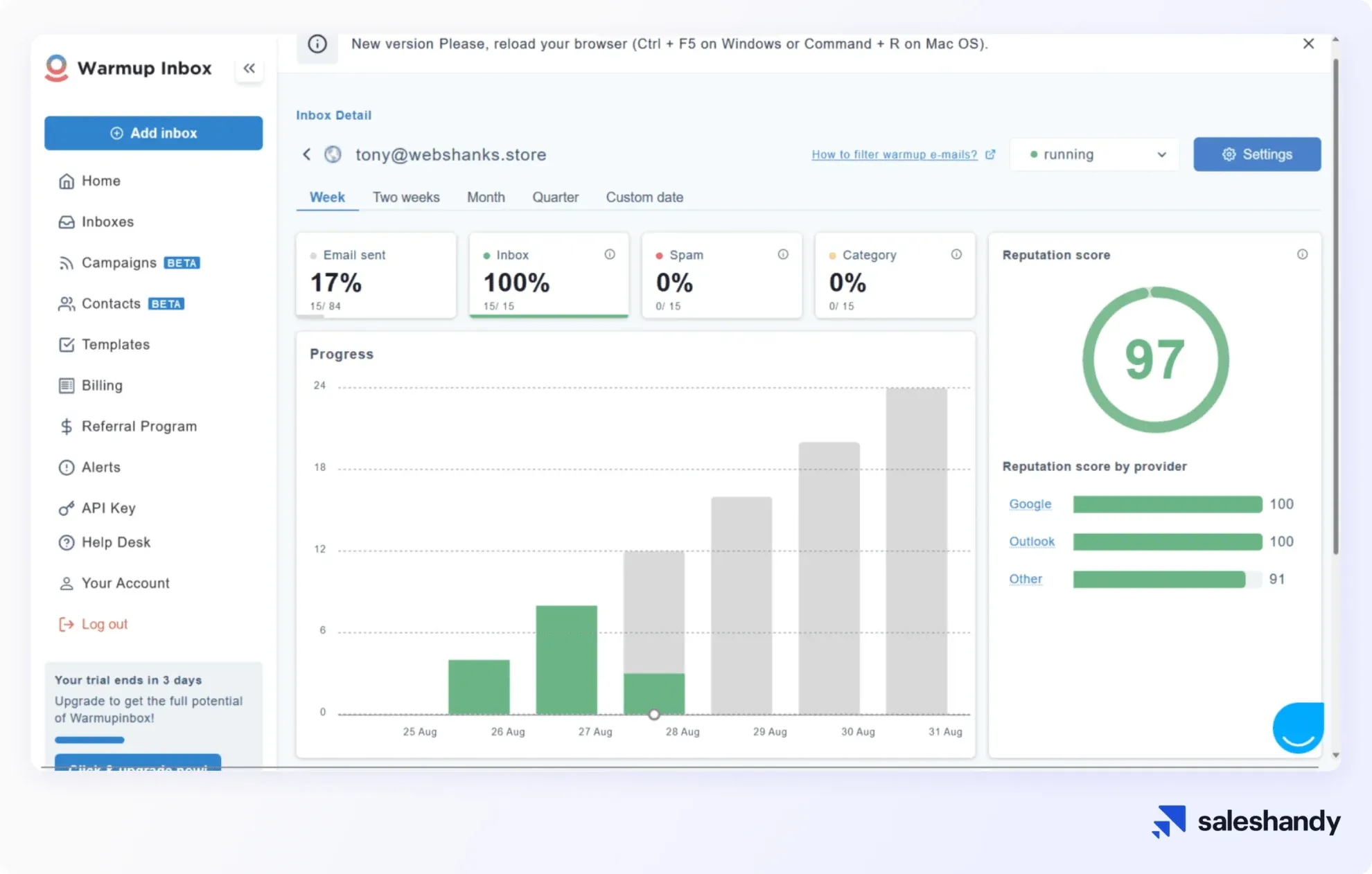 Warmup Inbox sender reputation monitoring dashboard