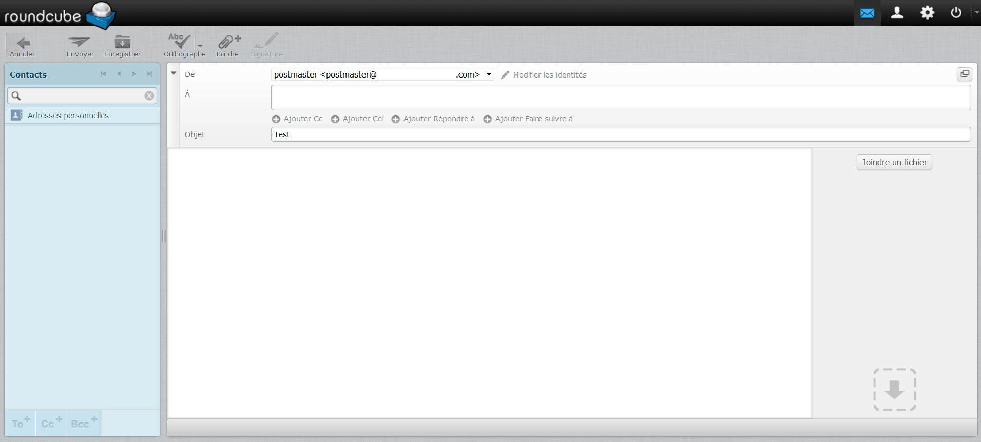 Webmail compose window showing From, To and subject fields with an attachment button