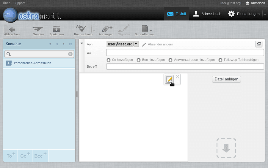 Webmail compose window with From, To, subject fields and an attach file control