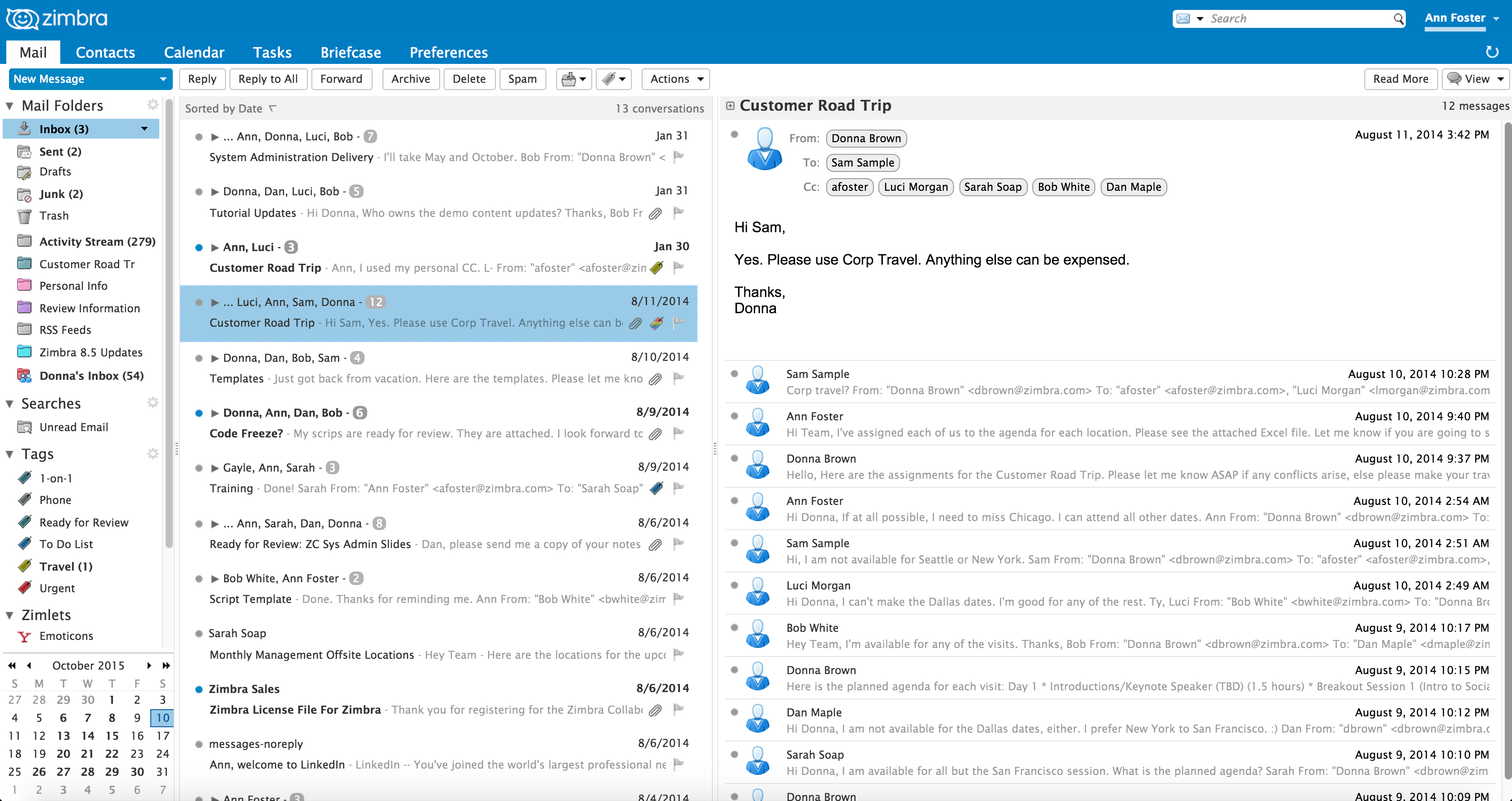 Webmail client showing an inbox folder list beside an open message thread